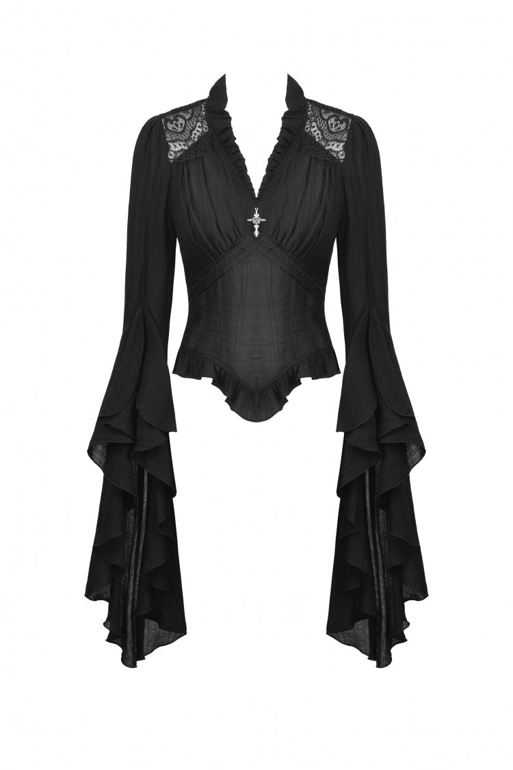 Black Ruffled V Collar Cross Ornament Long Trumpet Sleeves Pleated Women's Gothic Top - Product - 3