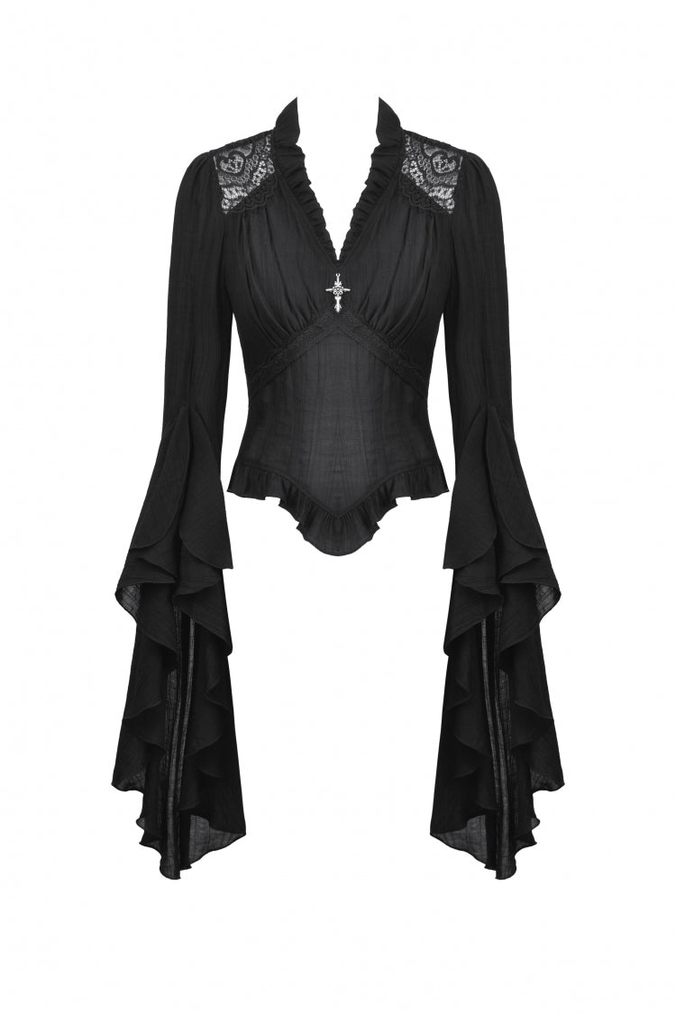Black Ruffled V Collar Cross Ornament Long Trumpet Sleeves Pleated Women's Gothic Top - Product - 3