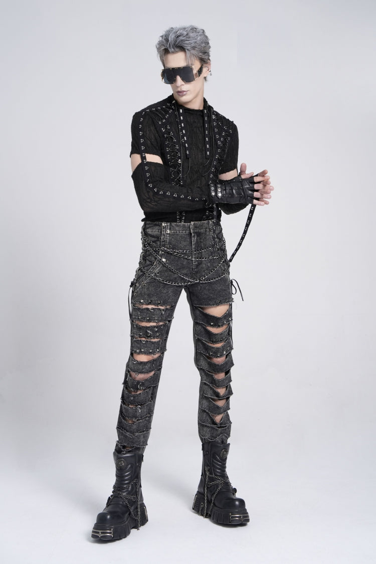 Black Ripped Rivet Men's Punk Pants with Chain - Product - 10