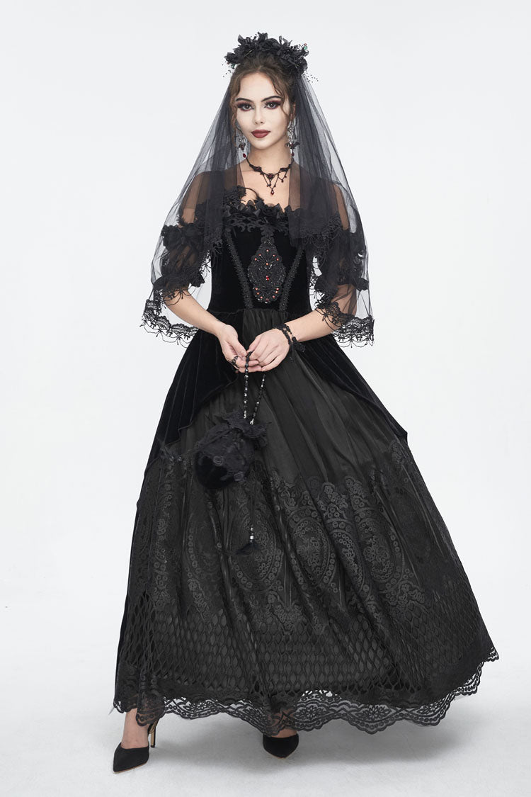 Black Off Shoulder High Waisted Print Lace Women's Gothic Dress - Product - 3