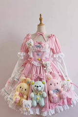 Pink Square Collar Print Doll Party Detachable Sleeves Ruffle Bowknot Sweet Princess Lolita Dress - Pink - 1