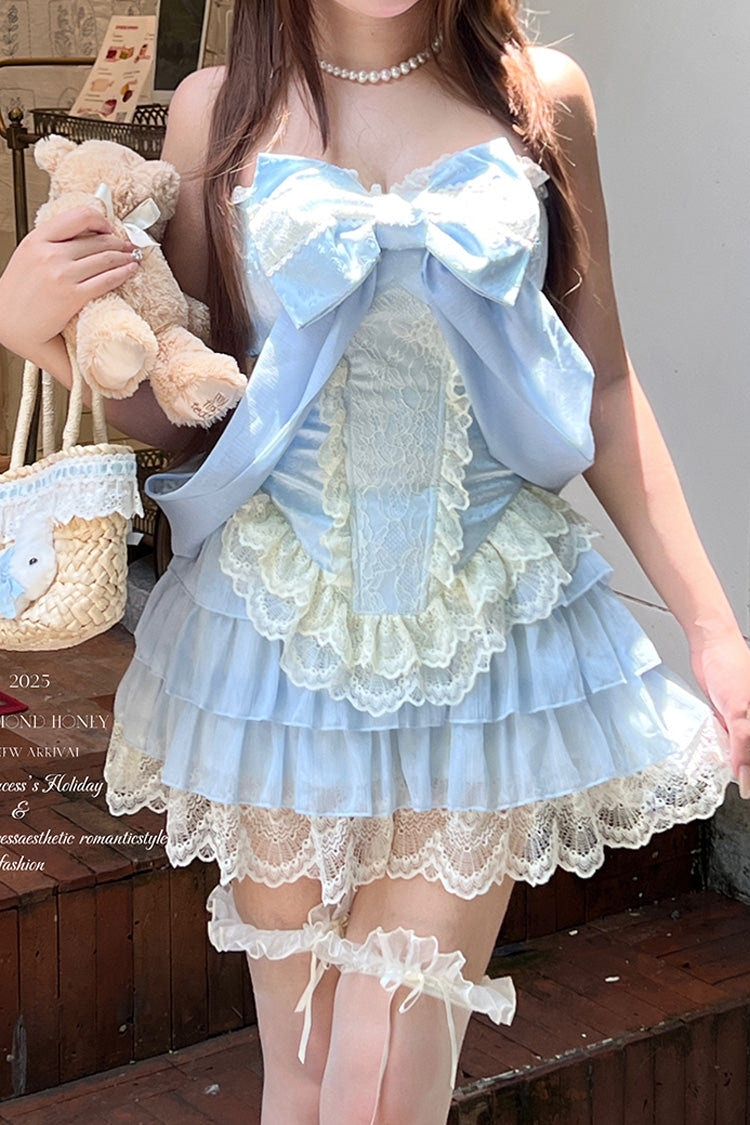 Blue [Antique Girl] Sleeveless Double-Layered Ruffle Bowknot Lace Sweet Lolita Two-piece Skirt Set - Product - 7
