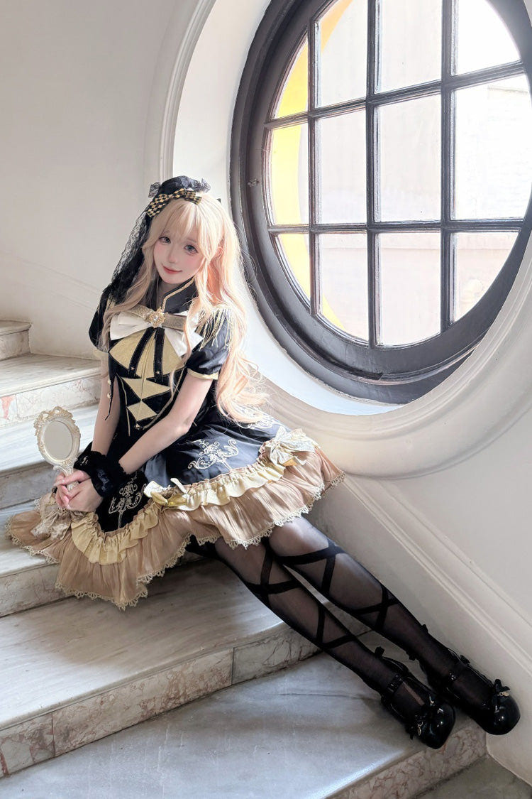 Black [Gilded Oath] Short Sleeves Double-Layered Ruffle Embroidery Bowknot Gothic Lolita Dress - Product - 13