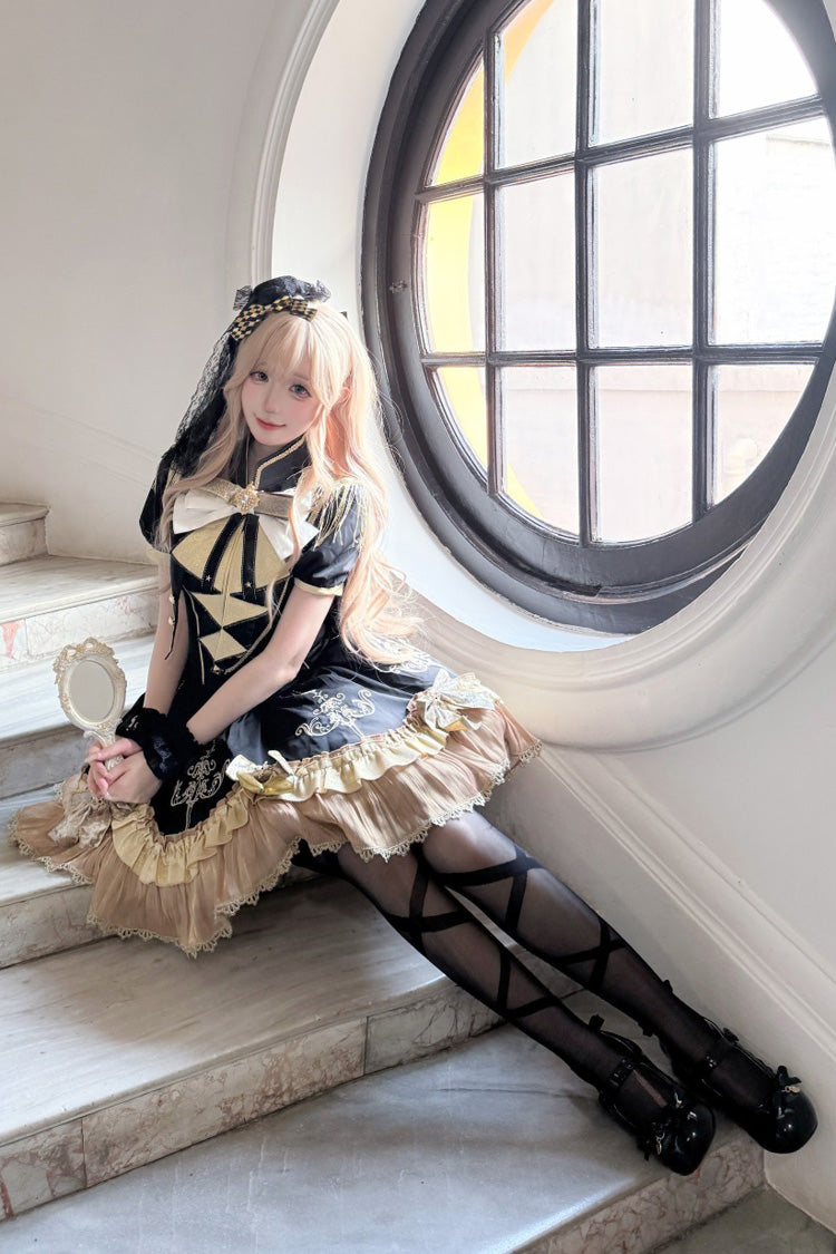 Black [Gilded Oath] Short Sleeves Double-Layered Ruffle Embroidery Bowknot Gothic Lolita Dress - Product - 13