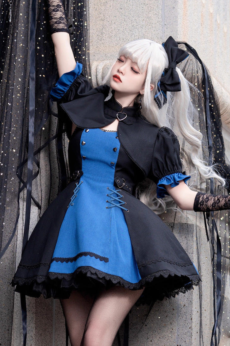 Black/Blue [Night Liana] Ruffle Bowknot Lace-Up Sweet Japanese Lolita Jumper Dress Set - Black/Blue - 1