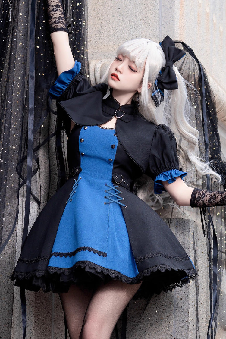 Black/Blue [Night Liana] Ruffle Bowknot Lace-Up Sweet Japanese Lolita Jumper Dress Set - Black/Blue - 1