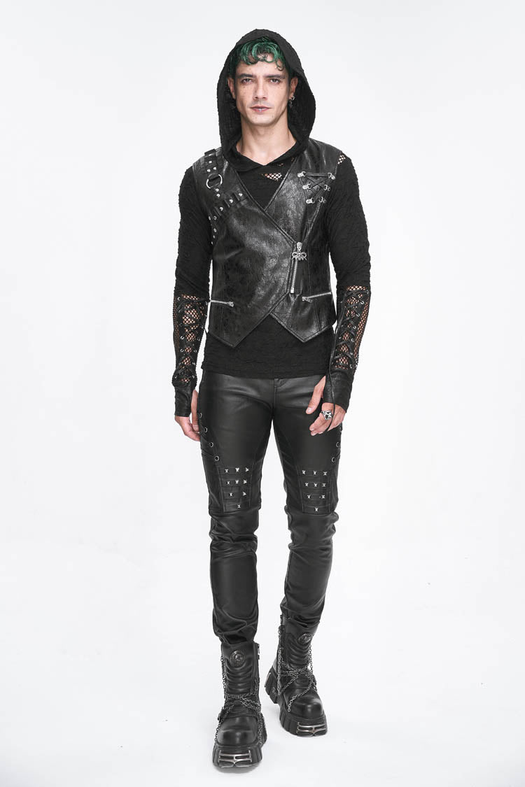 Black Zipper Faux Leather Men's Punk Waistcoat - Product - 4
