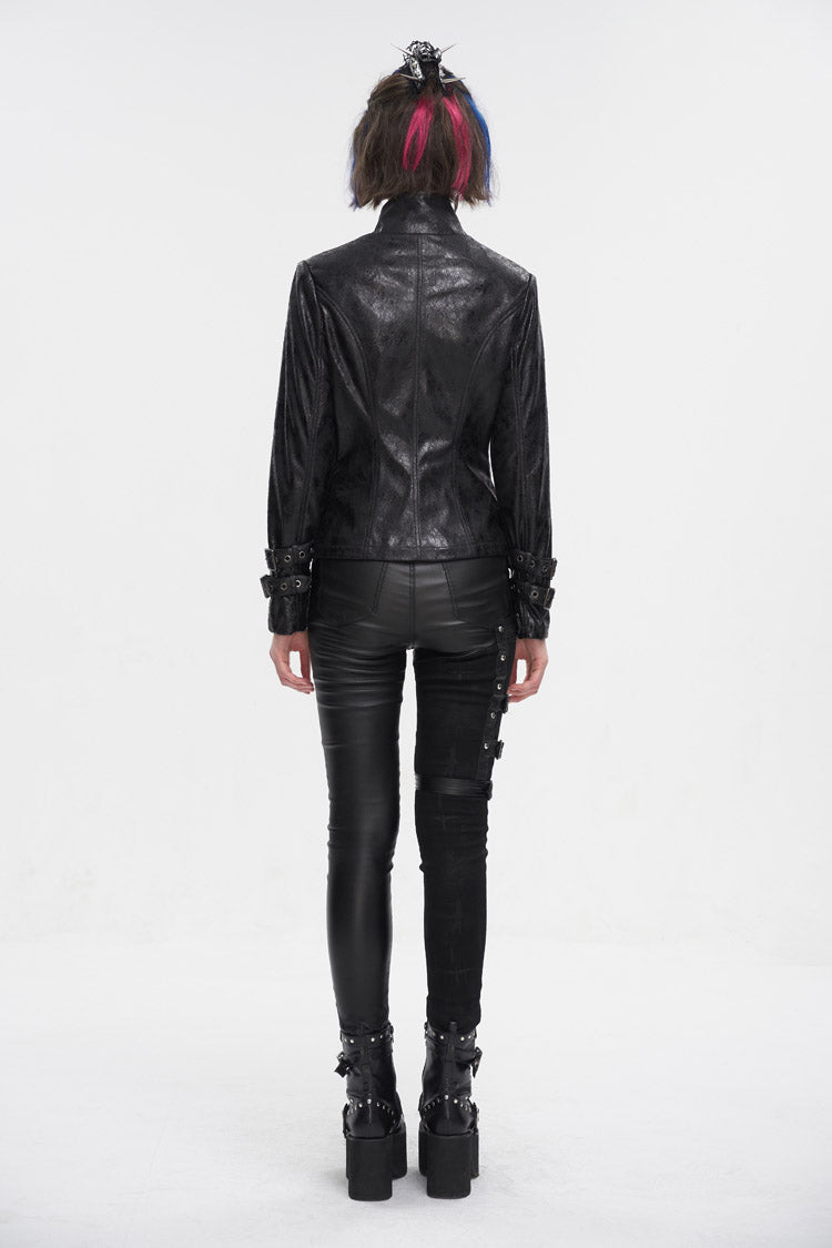 Black Stand Collar Crackled Buckle Women's Punk Jacket - Product - 7