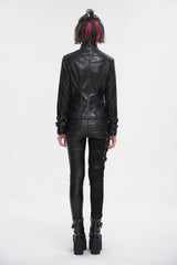 Black Stand Collar Crackled Buckle Women's Punk Jacket - Product - 7