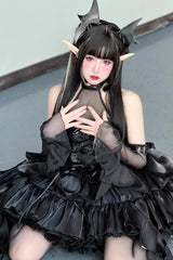 Pure Black Little Devil Sexy Princess Slim Gothic Lolita Strapless Tiered Dress - Product - 11
