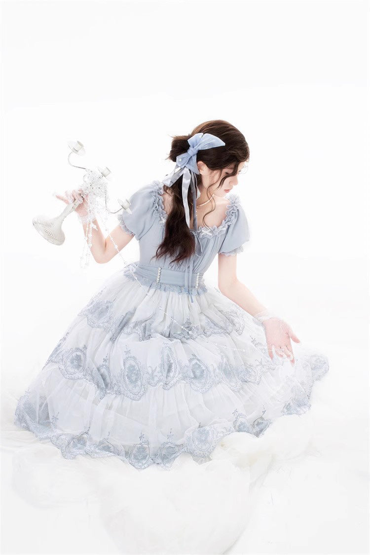 Light Blue Flower Promise Short Sleeves Multi-layer Print Sweet Elegant Princess Lolita Dress - Product - 7