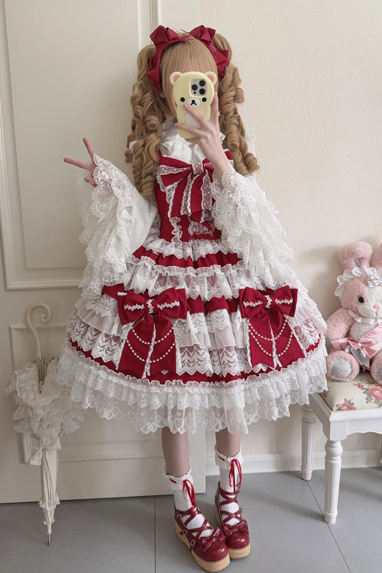 Wine Red [Knot of the Crossed Heart] Sleeveless Multi-Layered Ruffle Hanayome Cardigan Bowknot Lace Lace-Up Sweet Lolita Jsk Dress - Product - 2