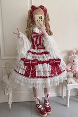 Wine Red [Knot of the Crossed Heart] Sleeveless Multi-Layered Ruffle Hanayome Cardigan Bowknot Lace Lace-Up Sweet Lolita Jsk Dress - Product - 2