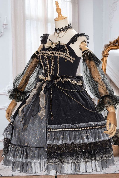 Black Starry Night Square Collar Bowknot Multi-Layer Ruffled Cardigan Gothic Lolita JSK Dress with Detached Sleeves - Product - 10