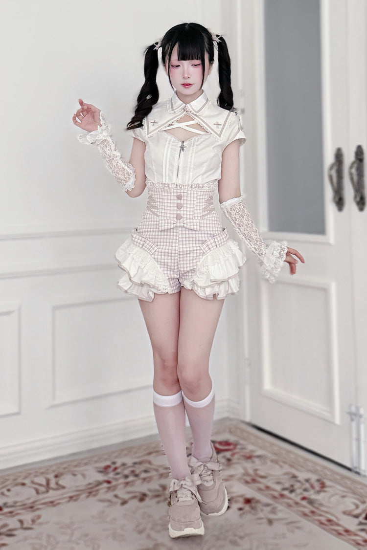 Jirai Kei Lapel Collar Short Sleeves Printed Ruffled Cut-Out Lace Sweet Japanese Knight Shorts Set 2 Colors - Product - 6