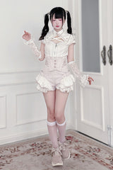 Jirai Kei Lapel Collar Short Sleeves Printed Ruffled Cut-Out Lace Sweet Japanese Knight Shorts Set 2 Colors - Product - 6