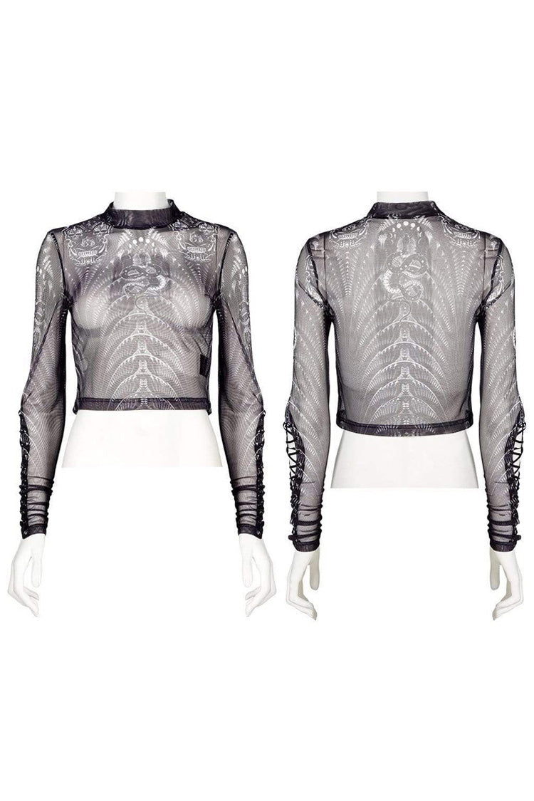 Black/White Gothic Personality Skull Print Pattern Elasticity Mesh Tight Sexy Perspective Tie Cord At Cuff Women's Shirt - Product - 5