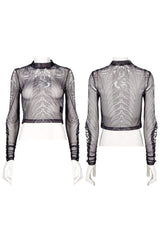 Black/White Gothic Personality Skull Print Pattern Elasticity Mesh Tight Sexy Perspective Tie Cord At Cuff Women's Shirt - Product - 5