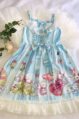 [Bunny Star Paradise] Sleeveless Print Ruffle Bowknot Lace Sweet Lolita Jsk Dress 4 - Light-Blue - 5