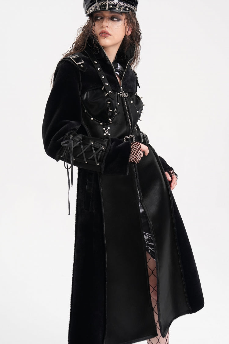 Black Women's Buckle-up Studs Eyelets Gothic Coat - Product - 14