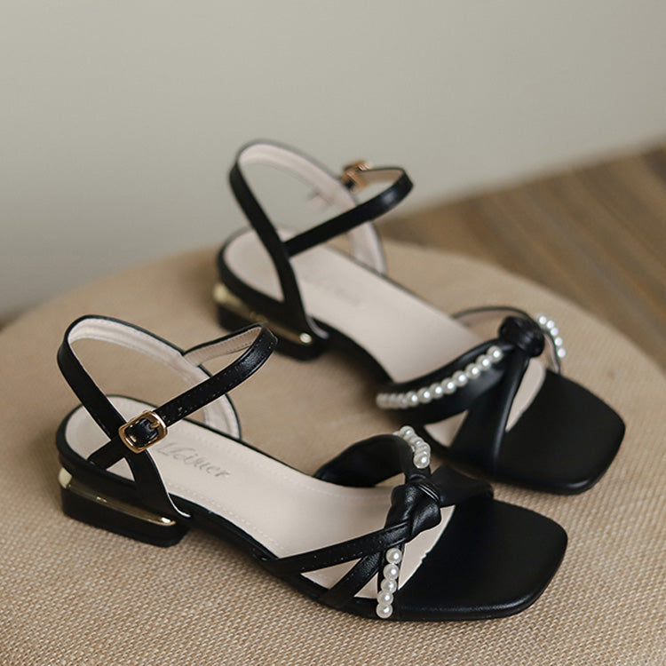 Pearl Chain Decoration Sweet Elegant Sandals 2 Colors - Black - 2
