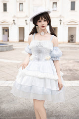 Light Blue [Rose Of The Night Sea And Starry Sky] Off Shoulder Multi-Layered Ruffle Embroidery Sweet Lolita Dress - Product - 3