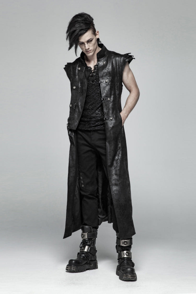 Black Angel's Wings Faux Leather Stand Collar Sleeveless Men's Gothic Vintage Maxi Vest - Product - 4