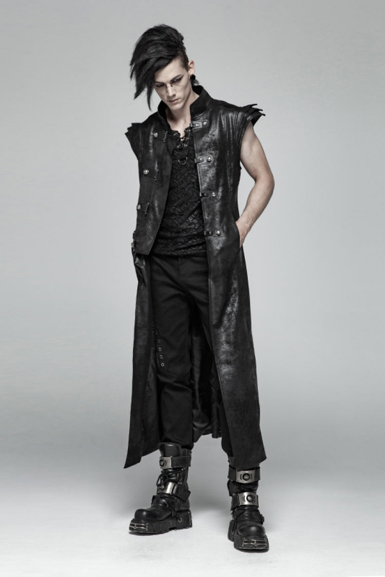 Black Angel's Wings Faux Leather Stand Collar Sleeveless Men's Gothic Vintage Maxi Vest - Product - 4