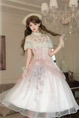Pink [Rose Poems] Ruffle Embroidery Bowknot Lace Asymmetric Sweet Elegant Lolita Dress Set - Product - 7
