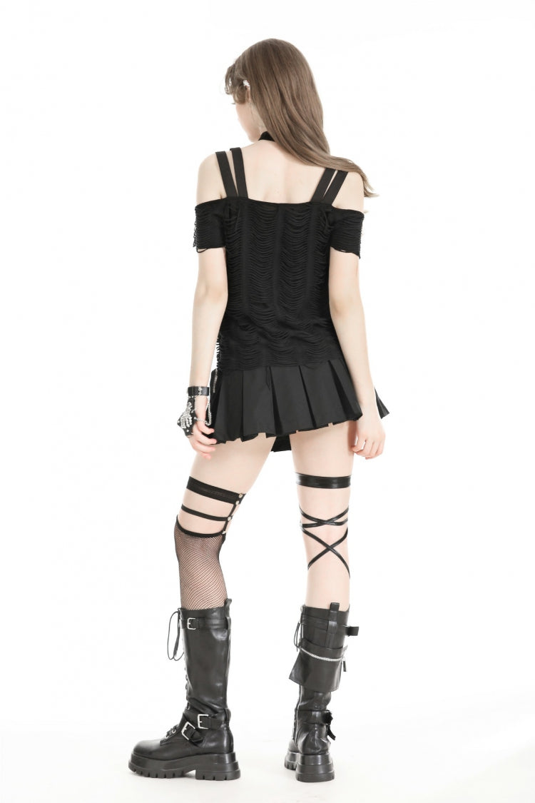 Black Off Shoulder Short Sleeves Ripped Buckled Women's Gothic T-Shirt with Detachable Choker - Product - 4