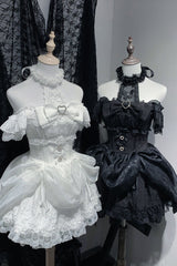 White [Rose Dream] Halterneck Short Sleeves Print Ruffle Bowknot Lace Gothic Jirai Kei Dress - Product - 3