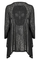 Black Soft Knitting Mottled Texture Asymmetric Hem Skull Decal On The Back Women's Plus Size Gothic Jacket - Product - 7