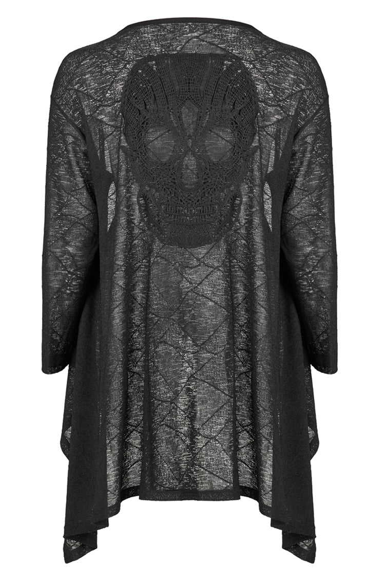 Black Soft Knitting Mottled Texture Asymmetric Hem Skull Decal On The Back Women's Plus Size Gothic Jacket - Product - 7