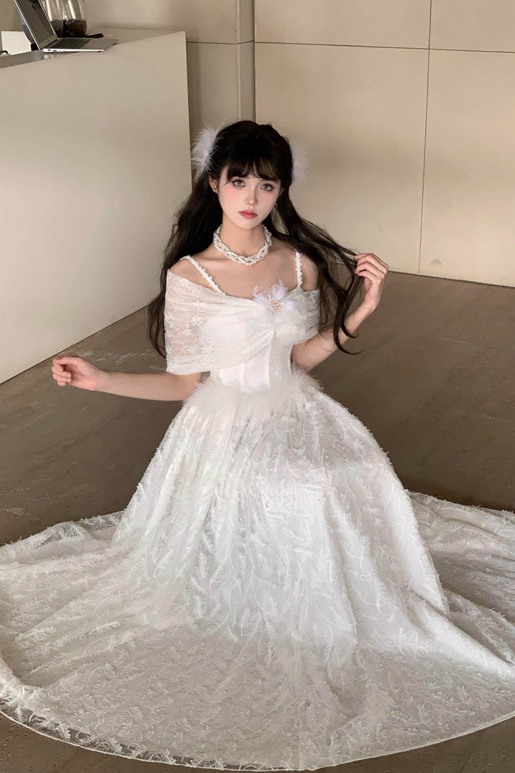 White [Moonlight] Off Shoulder Jacquard Embroidered Bow Gothic Lolita Jsk Dress - Product - 9