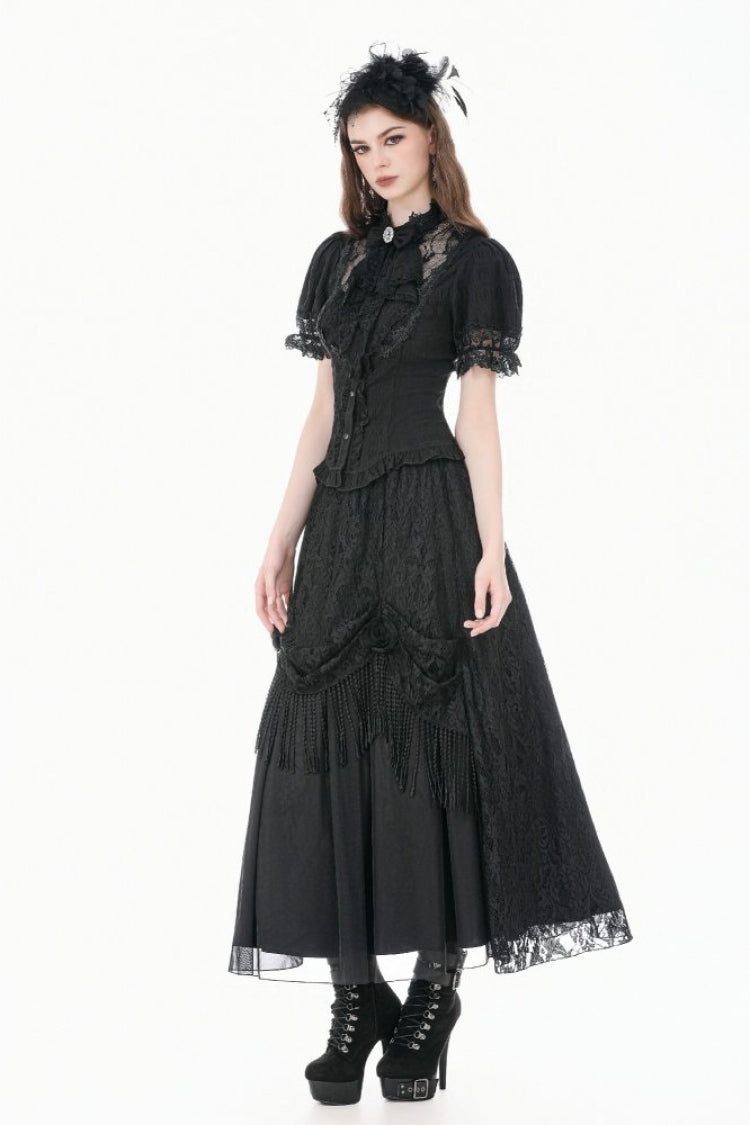 Black Stand Collar Short Puff Sleeves Sheer Lace Lace-Up Women's Gothic Blouse with Detachable Bowknot - Product - 10