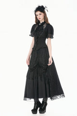 Black Stand Collar Short Puff Sleeves Sheer Lace Lace-Up Women's Gothic Blouse with Detachable Bowknot - Product - 10