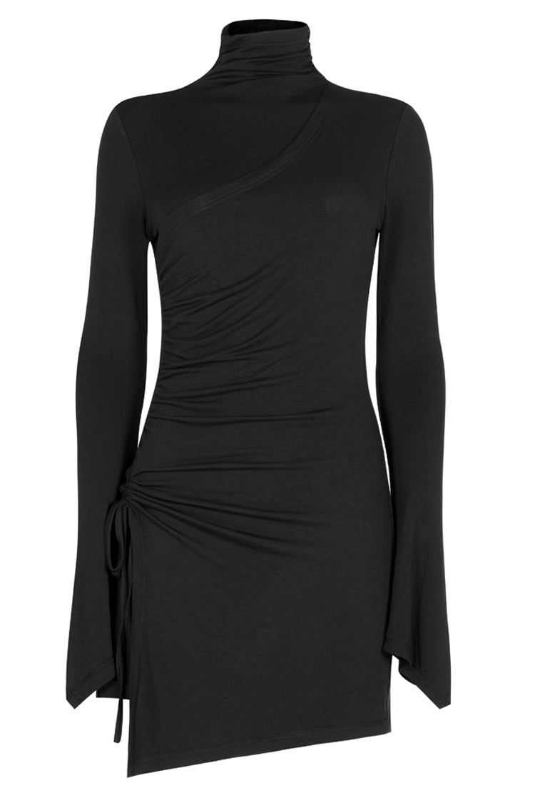 Black Cashmere Knitting Cross Fold Tie Rope Design High Collar Pleated Fit Women's Punk Dress - Product - 5