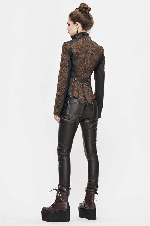 Brown Jacquard Slim Print Short Womens Punk Jacket - Product - 3