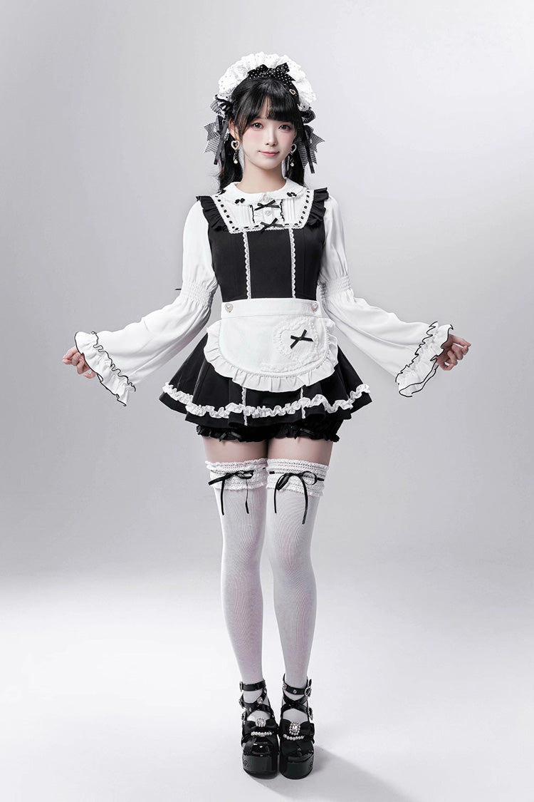 Black/White [Showcase Doll] Japanese Maid-Style Long Sleeves Ruffle Bowknot Jirai Kei Japanese Dress Shorts Set with Detachable Apron - Product - 5