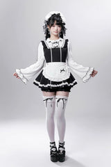Black/White [Showcase Doll] Japanese Maid-Style Long Sleeves Ruffle Bowknot Jirai Kei Japanese Dress Shorts Set with Detachable Apron - Product - 5