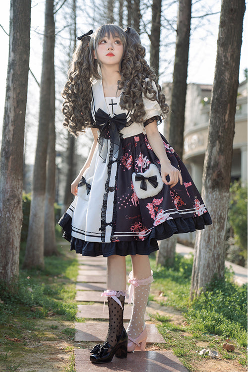 Black/White Navy Collar Short Sleeves Strawberry Bear Print Ruffled Hem Sweet Lolita Dress - Product - 2