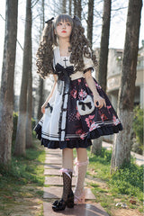 Black/White Navy Collar Short Sleeves Strawberry Bear Print Ruffled Hem Sweet Lolita Dress - Product - 2