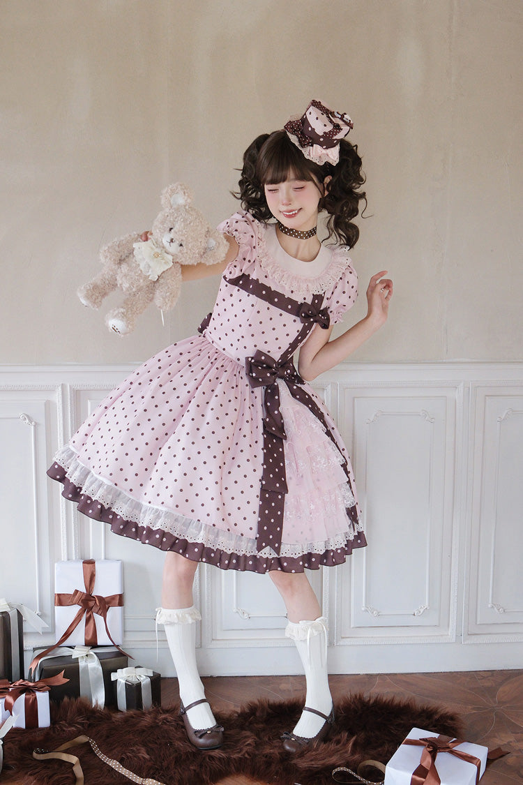Pink [Canelé Gift Box] Round Collar Short Sleeves Double-Layered Printed Polka Dot Ruffled Open-Front Bow Asymmetric Sweet Lolita Dress - Product - 5