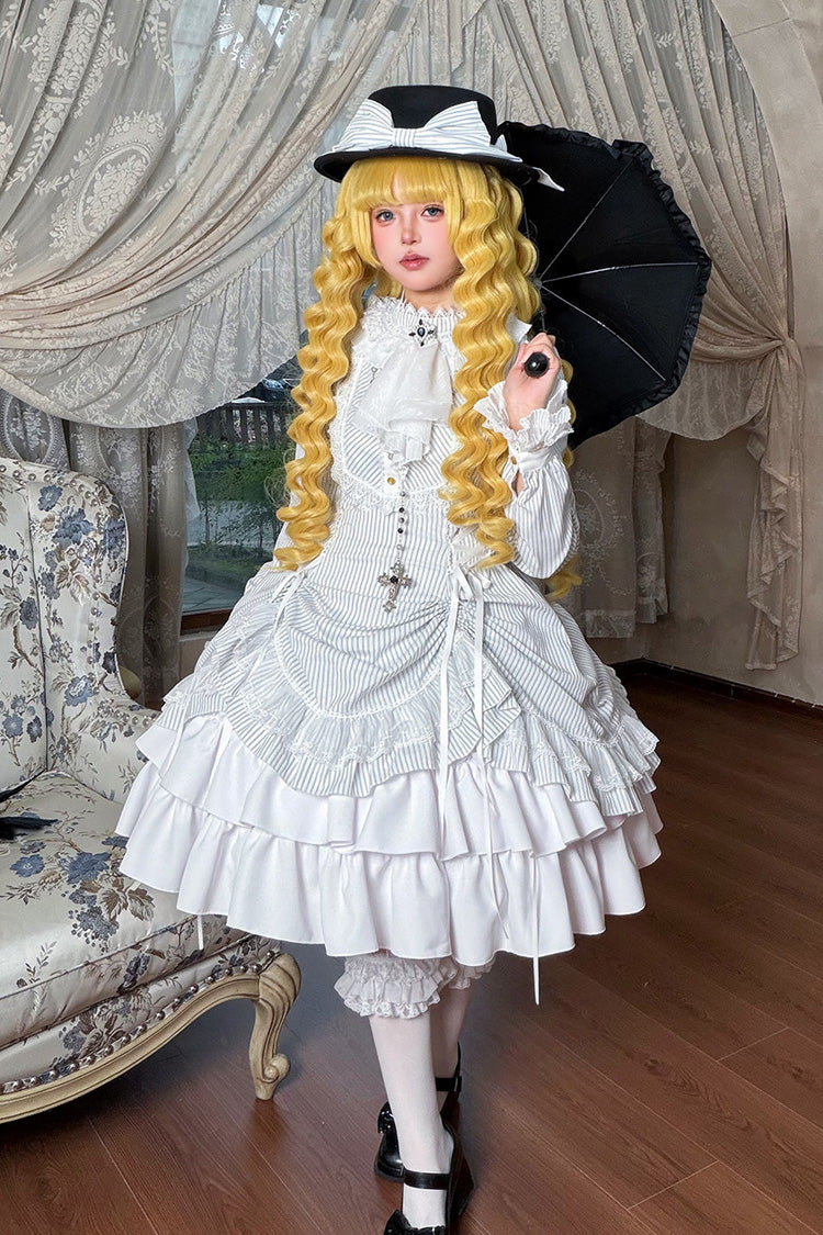 White [Point Manor] Stand Collar Long Sleeves Multi-Layered Striped Printed Ruffled Lifted Hem Bow Gothic Lolita Dress - Product - 4