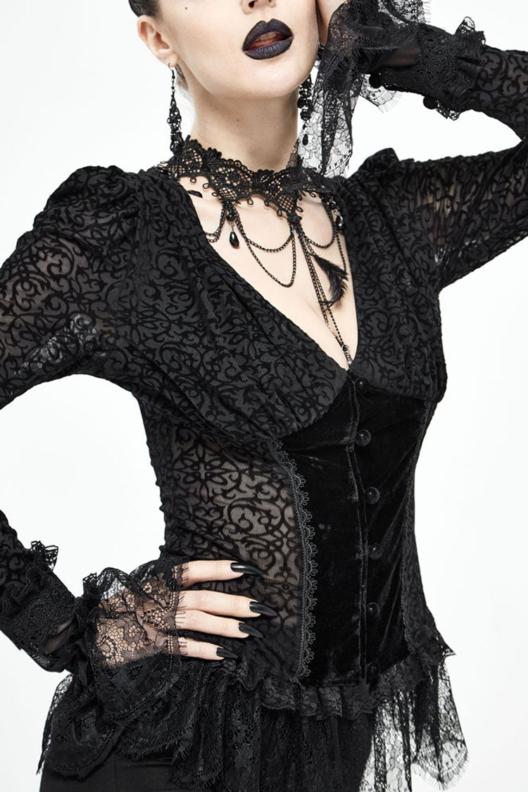 lack Gothic Flocking V-Neck Front Splice Velvet Long Sleeve Lace Hem Women's Blouse - Product - 2