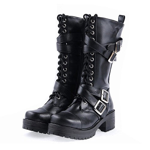 Black Stylish Patent Leather Straps Buckles Gothic Lolita Boots - Black - 1