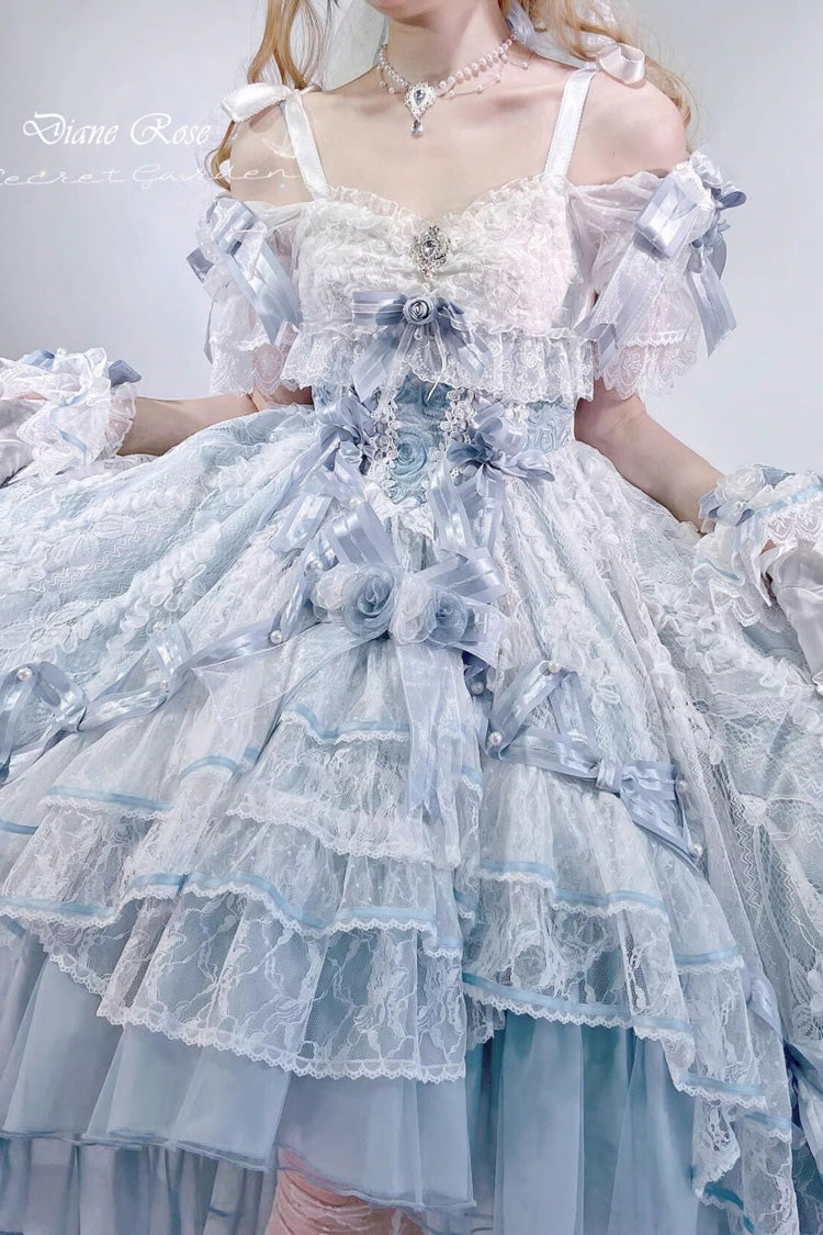 Blue [Diane Rose] Short Sleeves Multi-Layered Jacquard Ruffle Hanayome Cardigan Bowknot Lace Sweet Lolita Dress - Product - 10