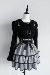 Jirai Kei Doll Collar Long Sleeves Triple-Layered Ruffled Bow Lace Japanese Skirt Blouse Set 2 Colors - Product - 9