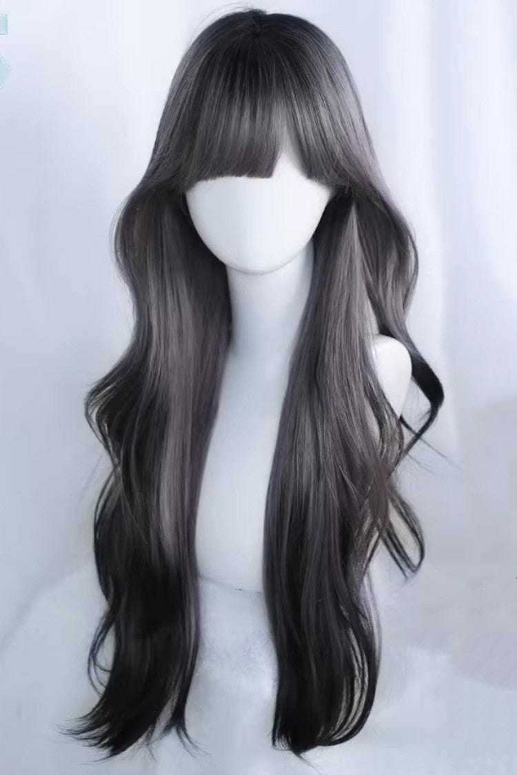 Black/Purple Ombre Curtain Bangs Long Loose Wavy Sweet Lolita Wig - Product - 2