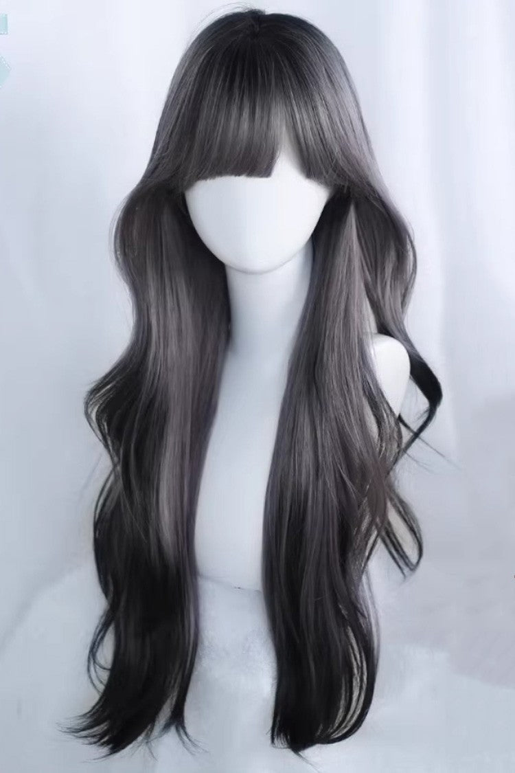 Black/Purple Ombre Curtain Bangs Long Loose Wavy Sweet Lolita Wig - Product - 2